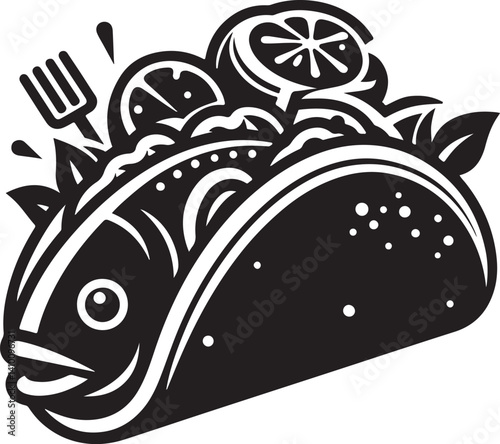 Silhouette vector of fish tacos with tortilla, fillet, and toppings. Great for Mexican cuisine, seafood menus, street food designs, and restaurant branding.