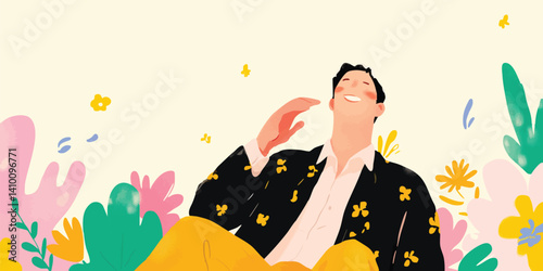 A carefree illustration depicting a man amidst a vibrant floral landscape, basking in the joy of the moment. The cheerful flowers and playful design embody a sense of happiness and optimism.