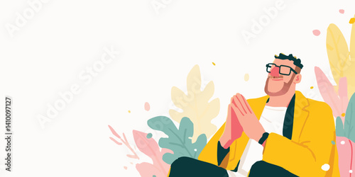 A man in a yellow jacket sits relaxed, eyes closed, with a serene expression, surrounded by stylized leaves and flowers, in a minimalist design.