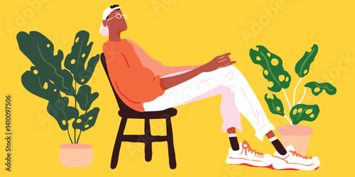 A relaxed figure finds peace amidst indoor plants, basking in the glow of contentment on a sunny day.