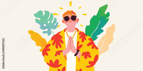 A stylish illustration showcases a sun-kissed figure, exuding a relaxed and welcoming vibe amidst vibrant foliage. Embrace the tropical getaway mood and relaxed feel.