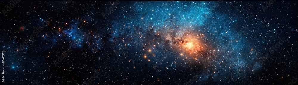 Naklejka premium A stunning cosmic panorama showcasing vibrant stars, nebulae, and galaxies against a dark backdrop of space.