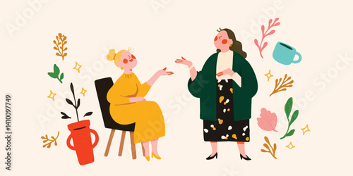 Two women in casual attire engage in a relaxed conversation, surrounded by decorative elements of nature, suggesting a sense of ease, camaraderie and personal connection. 