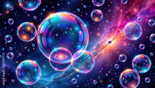 Wallpaper Mural Bubbles in a Galaxy: Illustrate a cosmic scene where colorful bubbles drift through a starry backdrop, each containing mini galaxies inside. Torontodigital.ca