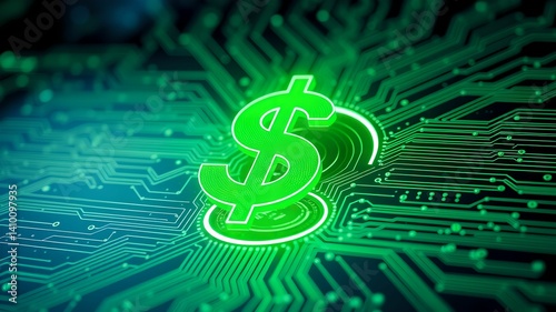 Green digital dollar symbol rising from circuit board symbolizing ESG finance photo