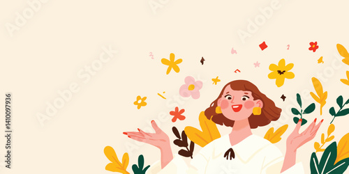 A cheerful woman stands amid a whimsical display of blossoming flowers and lush greenery, celebrating the beauty of nature and the joy of spring.