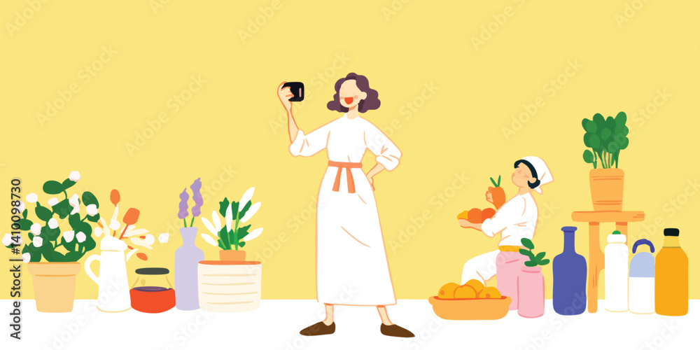 Fototapeta premium An artistic, colorful depiction showcasing a scene, capturing an atmosphere of simplicity and daily life in the modern era, blending elements of freshness, natural beauty, and simple life.