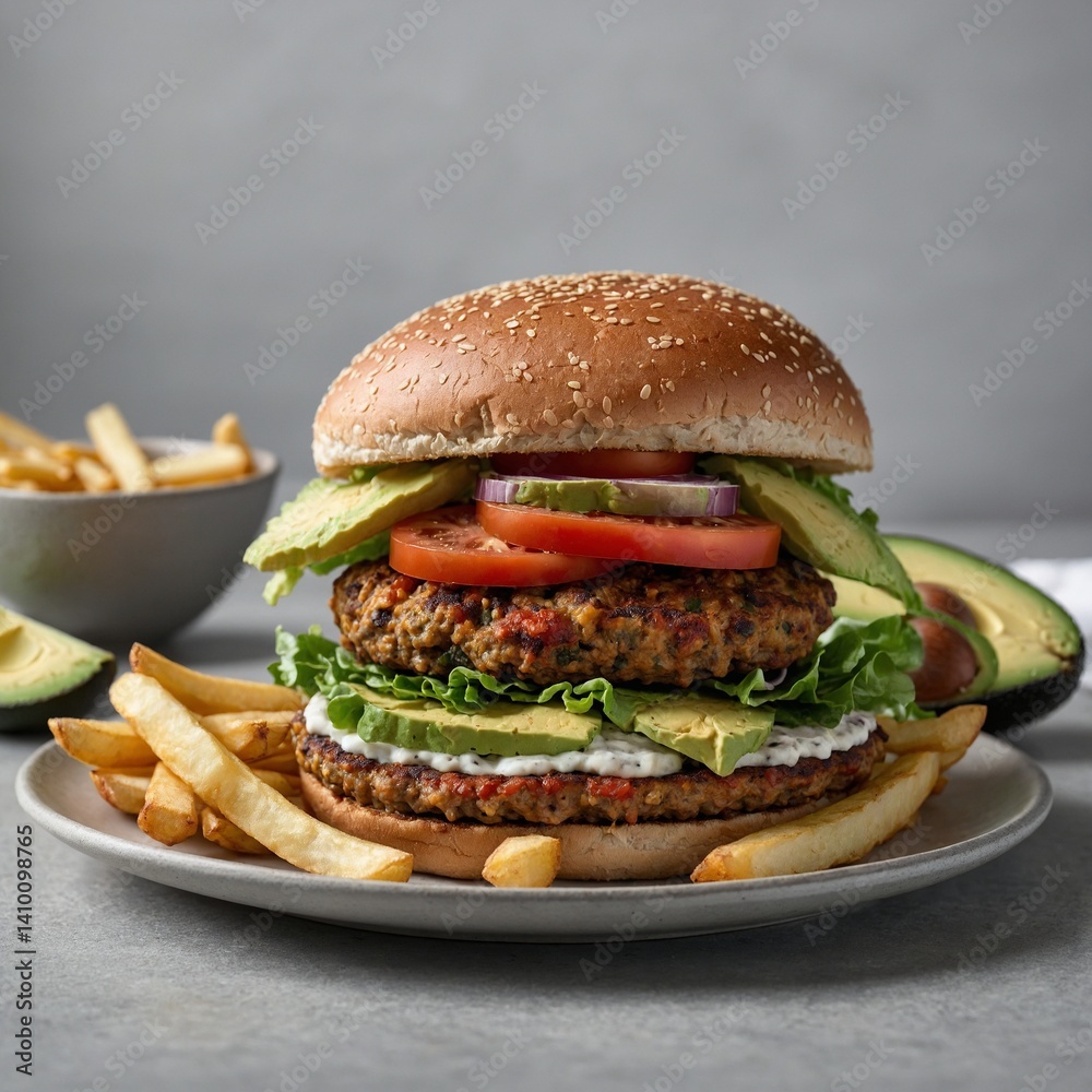 Hamburger Isolate is a classic fast food meal with lettuce, tomato, cheese, and beef patty. Juicy 200g Double Hamburger with Crispy Fries in a Casual Dining Setting Burger on plate Hamburger Isolate is a classic fast food meal with lettuce, tomato, cheese, and beef patty. Juicy 200g Double Hamburger with Crispy Fries in a Casual Dining Setting Burger on plate