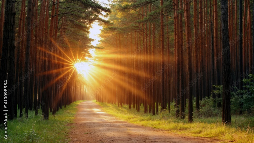 Fototapeta premium Peaceful Pine Forest with Sunlight on Empty Trail
