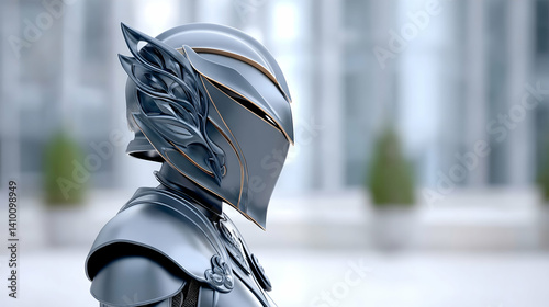Sleek, metallic knight helmet with ornate wings, profile view against blurred cityscape
