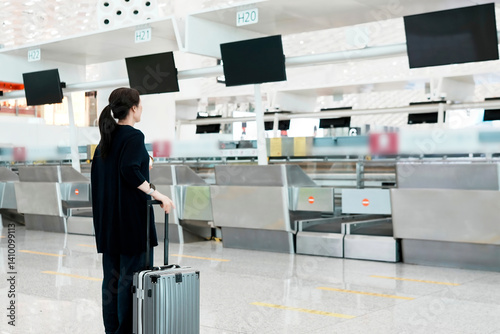 Fotografía Traveler at Airport Check-in Counter with Empty Desks and Monitors