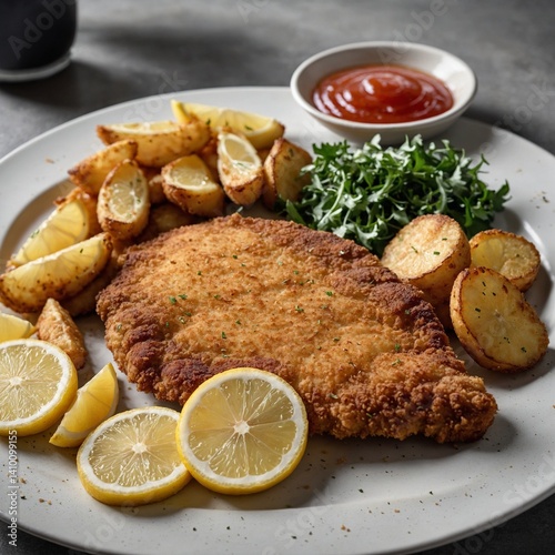 Homemade Breaded German Weiner Schnitzel. Crispy fried fish served with boiled potatoes and lemon slice Crispy breaded chicken schnitzel served on a wooden board with fresh lemon wedges and herbs, 