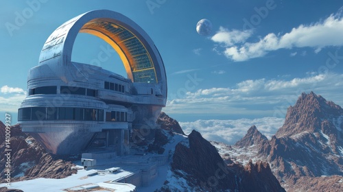 Fototapeta Naklejka Na Ścianę i Meble -  Futuristic Architecture Situated atop a Snowy Mountain Landscape