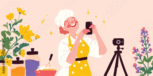 A happy chef capturing a cooking content with smartphone in a vibrant kitchen setting, a scene perfect for culinary and lifestyle content.
