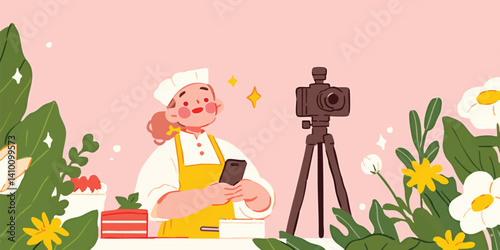 Baker live streaming, online bakery, social media marketing, food blogger,  home bakery, cake decorating, pastry chef, sweet treats, dessert recipe, culinary art, baking show, online cooking class.