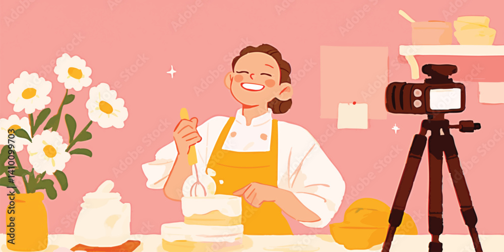 A female chef creates a captivating culinary show as she enthusiastically bakes a beautiful cake, using fresh ingredients with joy and skill, perfectly captured in this vibrant illustrated scene. A female chef creates a captivating culinary show as she enthusiastically bakes a beautiful cake, using fresh ingredients with joy and skill, perfectly captured in this vibrant illustrated scene.