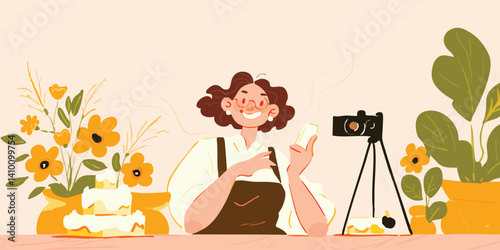 A charming baker in her kitchen, presenting a delicious cake in an illustration of a cooking show, capturing the art of baking with joy.