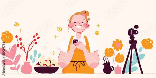 A cheerful influencer, surrounded by vibrant flowers and culinary delights, captures the essence of creativity and connection.