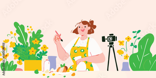 A cheerful woman captures a crafting vlog. She is working on art and share this to her online followers in her home studio.