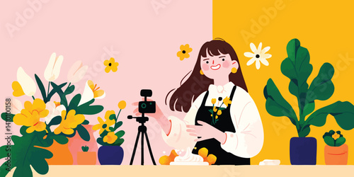 A cheerful florist creates a floral arrangement while live-streaming on camera, surrounded by vibrant flowers and lush greenery.