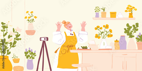 Happy chef making online cooking show in kitchen with flowers and camera on tripod.