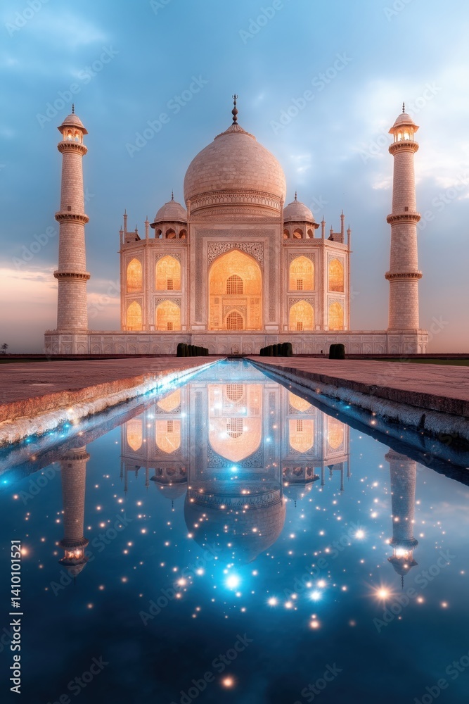 Obraz premium Stunning Taj Mahal glowing in blue with futuristic technology reflections on water at dusk