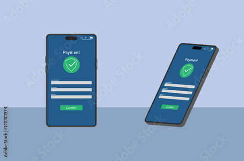 Secure Online Payment Transaction Process concept background vector art. Confirming a secure online payment using a digital interface with verification