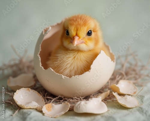 A realistic close-up of a cracked Easter egg revealing a fluffy, newly hatched chick inside, looking out with curious eyes. The broken shell pieces are scattered around the chick on a soft, nest-like 