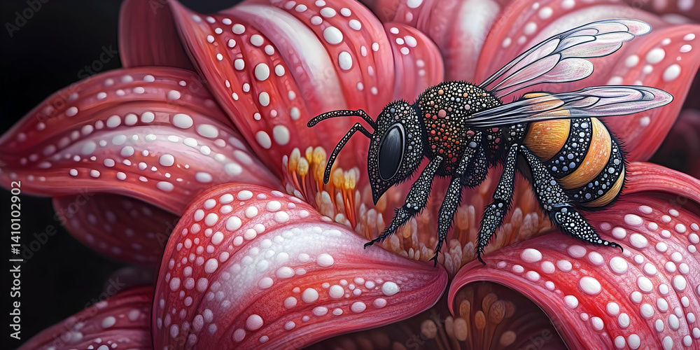 Naklejka premium Detailed illustration of a bee on a vibrant, textured flower