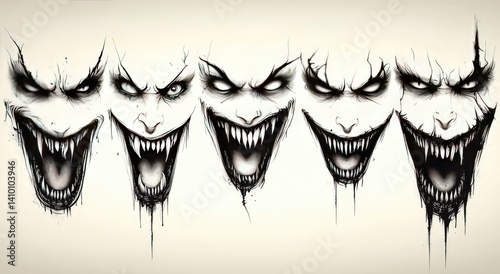 Menacing Array of Sinister Grinning Faces with Sharp Teeth and Dripping Black and White Textures Evokes Horror Theme