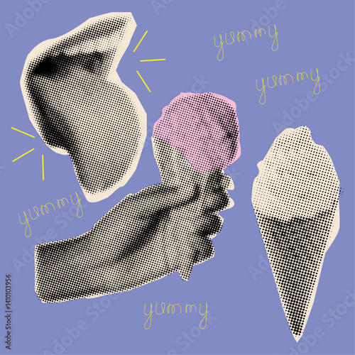  mouth with tongue out licks ice cream in halftone style, summer concept ,trendy collage elements cut out from paper