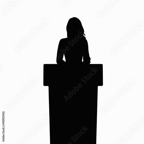 Woman standing confidently at podium, black and white silhouette
