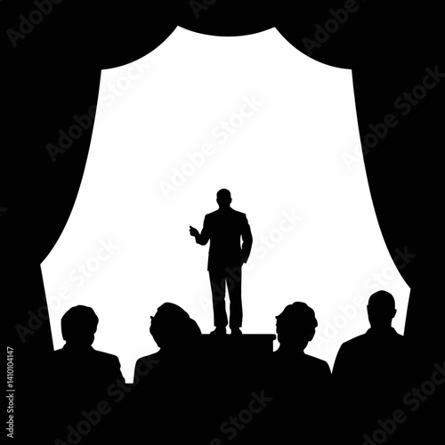 Silhouette of auctioneer speaking on stage, annual charity auction