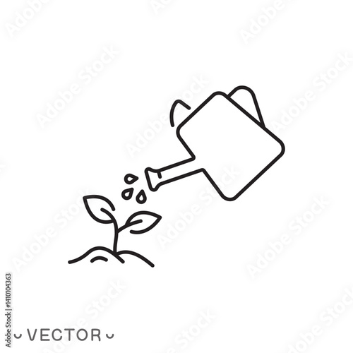 watering plants icon, fertilizing seedlings, moistening seedlings concept, thin line symbol isolated on white background, editable stroke eps 10 vector illustration