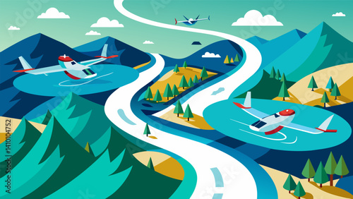 Crisscrossing over a winding river air taxis showcase their lownoise technology reducing disruption to wildlife habitats in the area.. Vector illustration