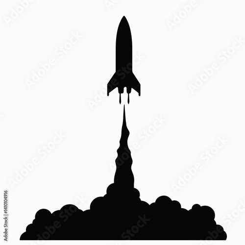 Silhouette of rocket launch on white background, celebration of exploration