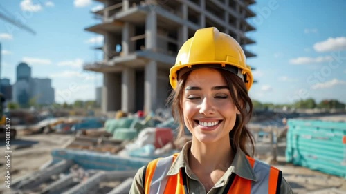 Smiling Young Female Construction Worker, with a friendly and approachable mood, wearing a hard hat and conveying trust and professionalism, against a clear construction site backdrop with high-rise b