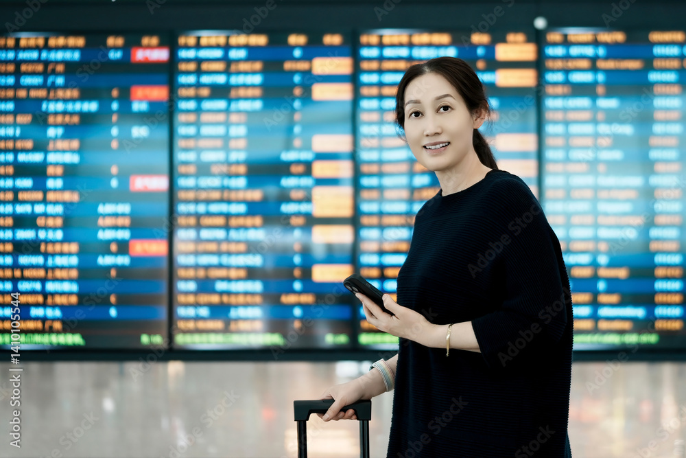 Fototapeta premium Woman at Airport Checking Flight Information with Smartphone
