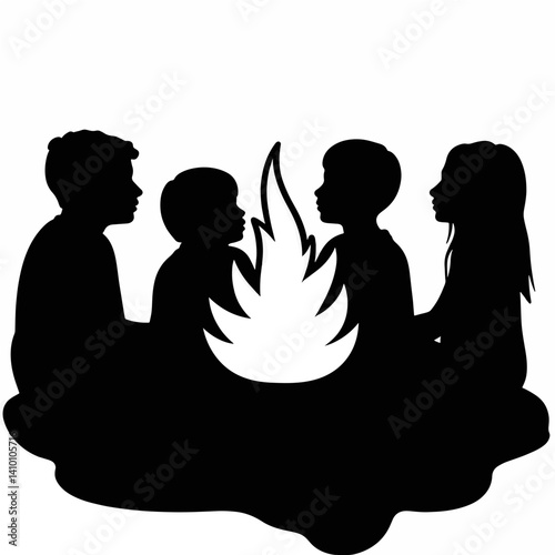 Silhouetted children sharing stories around a bonfire, festive warmth