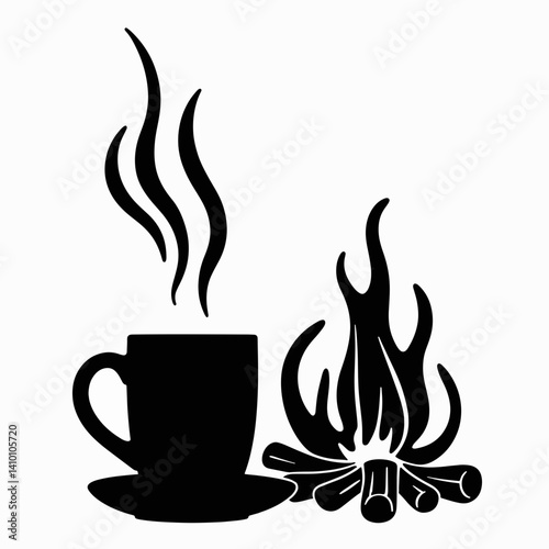 Steaming hot drink by a bonfire silhouette, cozy warmth