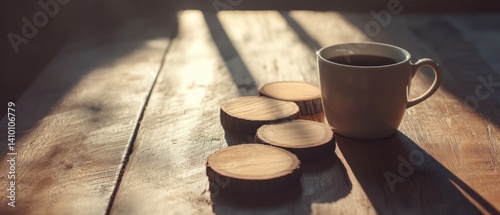 Morning Coffee on Wooden Table with Sunbeams