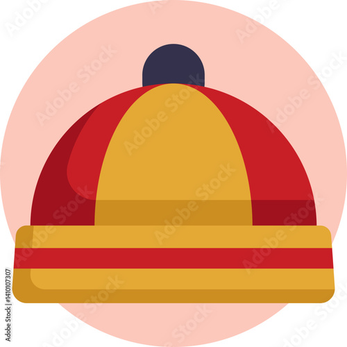 Traditional Chinese hat with a round dome and decorative knot, often worn during festivals or historical reenactments.