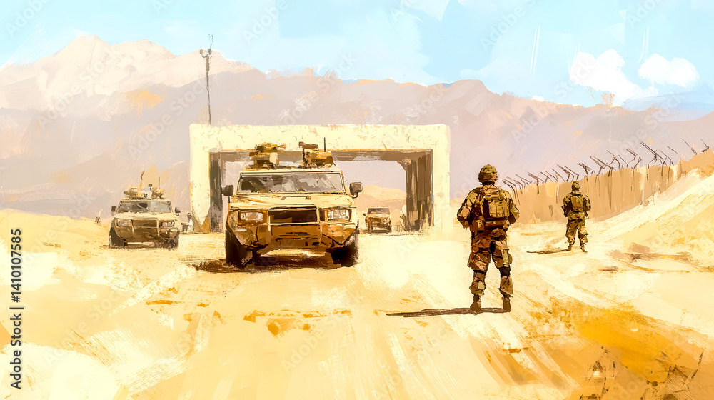 Military checkpoint in the desert with soldiers guarding border crossing Military checkpoint in the desert with soldiers guarding border crossing