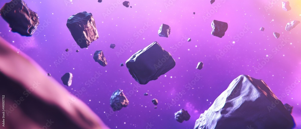 Naklejka premium Cosmic Rocks: A Journey Through the Purple Nebula