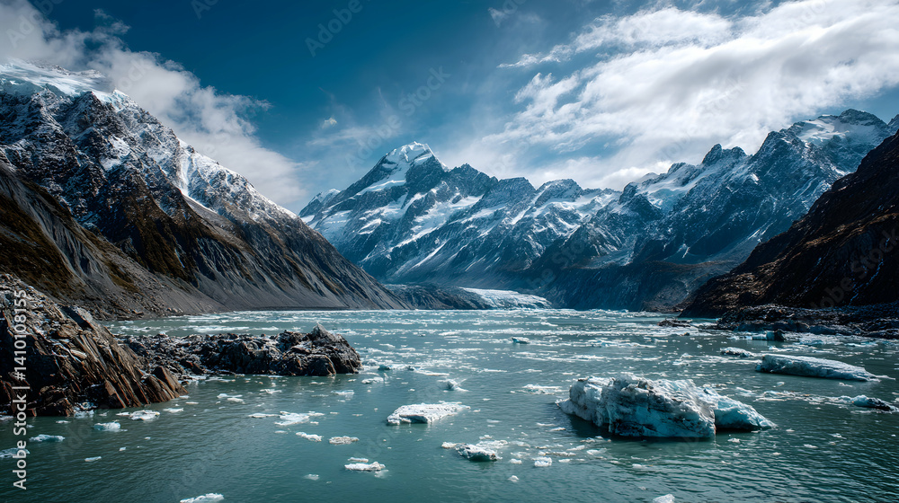 Obraz premium Mountains Iceberg Lake Turquoise Water Cold Landscape Scenery with Snow-Capped Peaks on a Sunny Day Scenic Valley