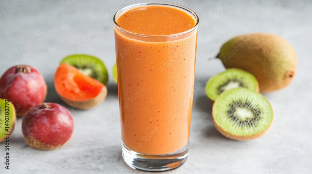 A vibrant fruit smoothie in a tall glass, fresh fruits nearby, A vibrant fruit smoothie in a tall glass, fresh fruits nearby,