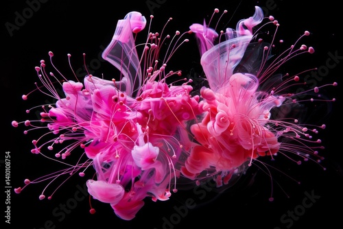 Abstract macro photography of vibrant pink ink exploding and creating dynamic