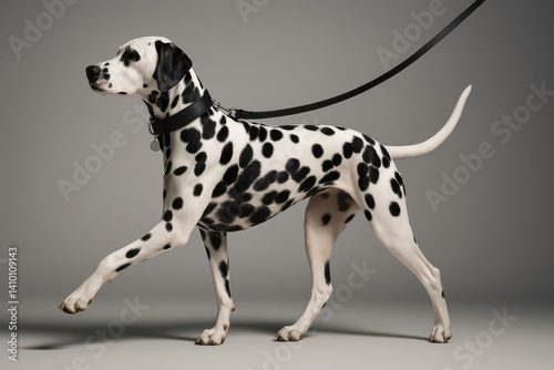 Dalmatian walking in studio with black leather collar and leash, smooth coat and clean minimalist backdrop. photo