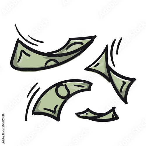 Flying paper money. Vector hand drawn doodle illustration for print, sticker. Wealth, prosperity, luxury icon