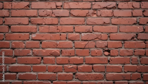 A weathered brick wall displaying an array of cracks and holes  revealing the rough texture of aged bricks. Moss and small plants peek through the gaps  adding a touch of nature.